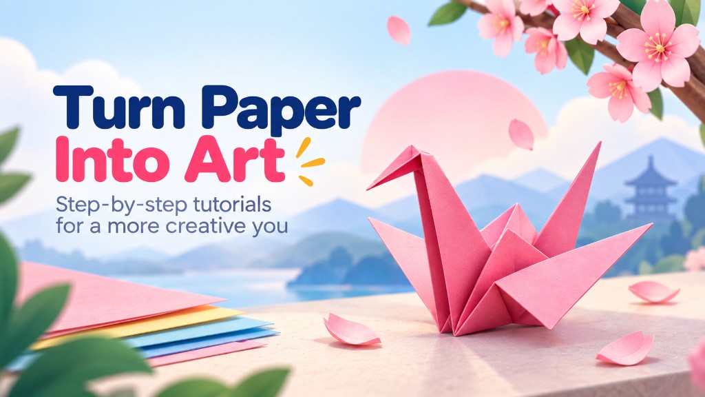 Pink origami crane on a table with colored paper and cherry blossoms