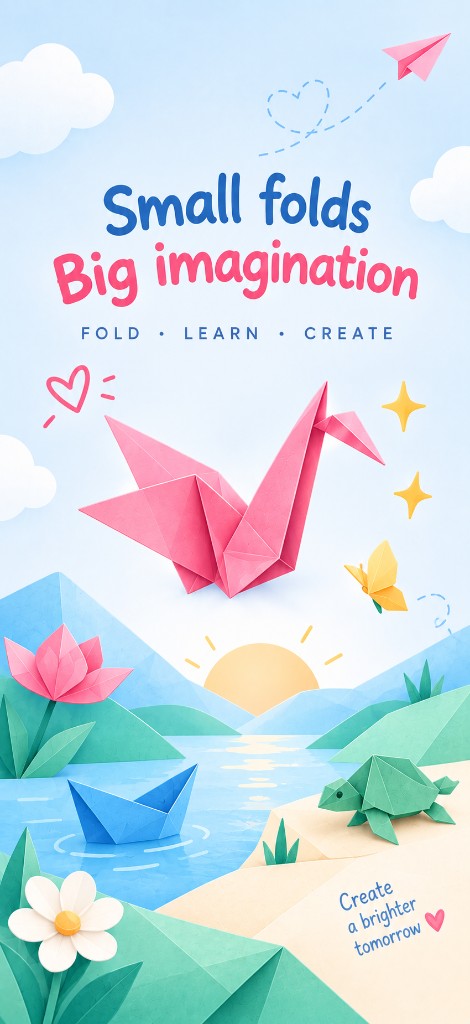 Pink paper crane over a lake with a boat and turtle