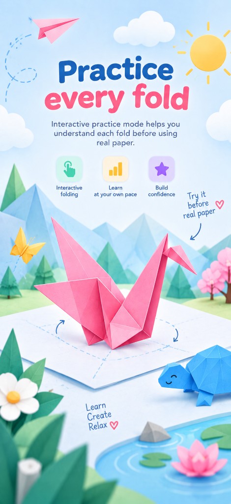 Interactive practice sheet with a pink crane and a paper turtle