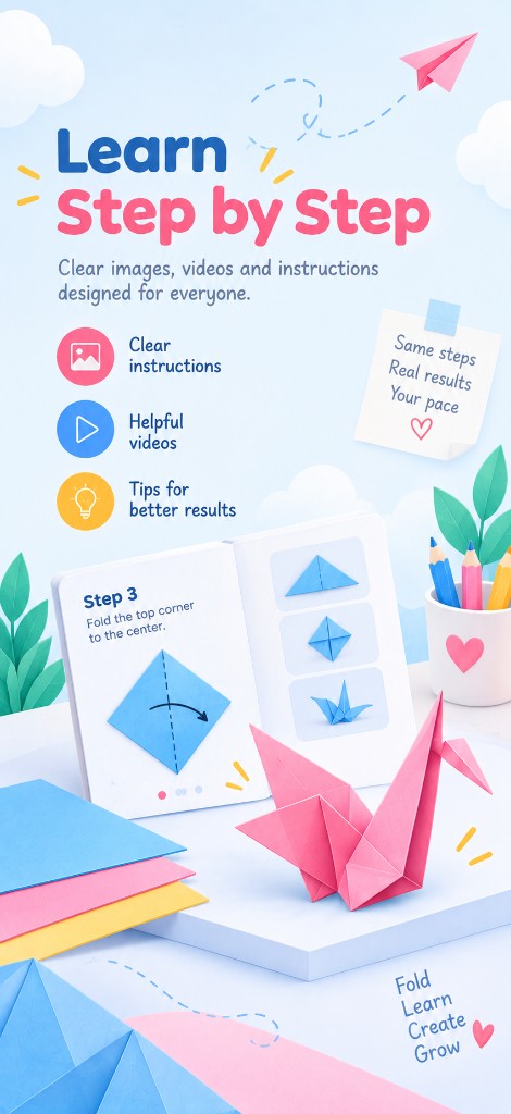 Step-by-step origami book beside a finished pink crane