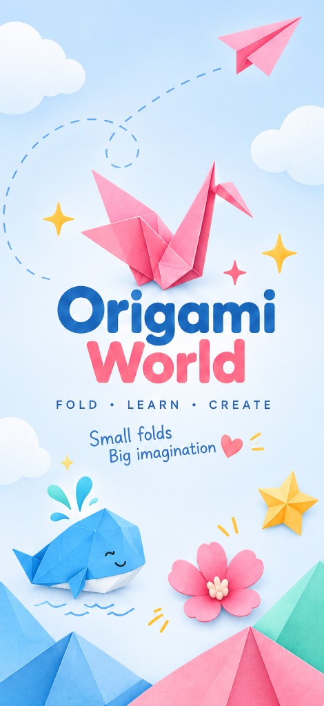 Origami World splash art with a pink paper crane, whale, and flower